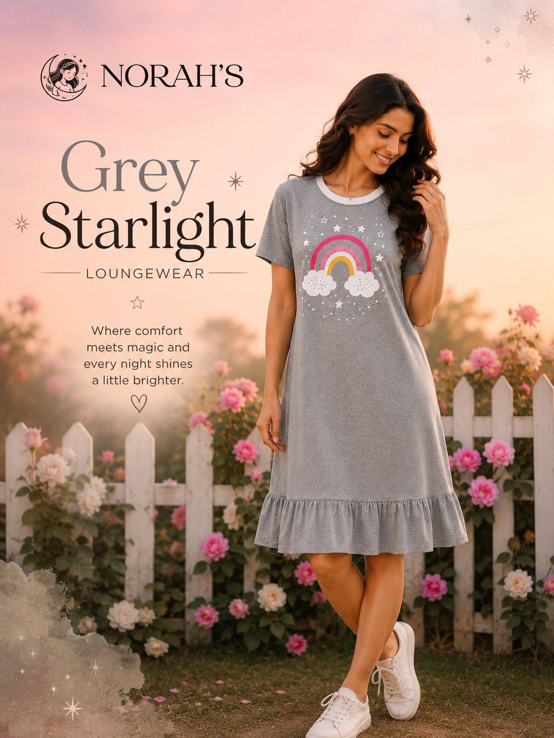 NORAH's Grey Starlight heather grey nightdress with pink rainbow, clouds and stars print and grey ruffle hem