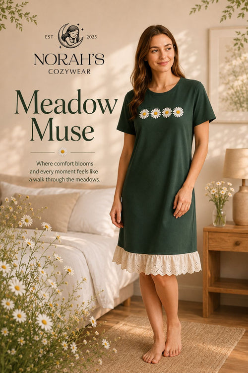 NORAH's Meadow Muse forest green nightdress with four white daisies and cream eyelet lace ruffle hem