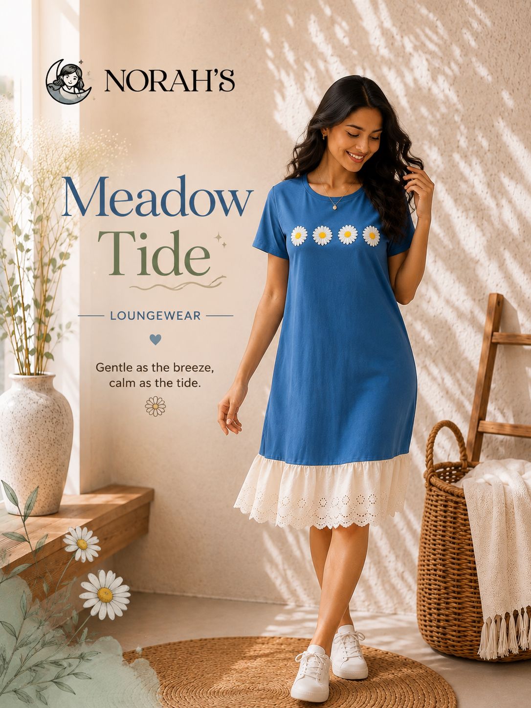NORAH's Meadow Tide cornflower blue nightdress with four white daisies and cream eyelet lace ruffle hem