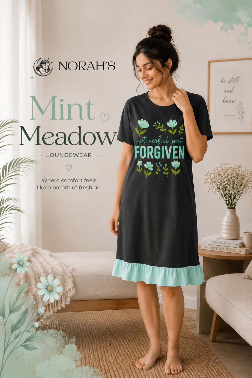 NORAH's Mint Meadow charcoal nightdress with mint floral 'not perfect just forgiven' print and mint ruffle hem