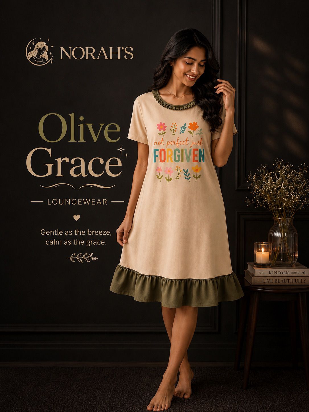 NORAH's Olive Grace cream nightdress with multicoloured floral 'not perfect just forgiven' print and olive ruffle hem