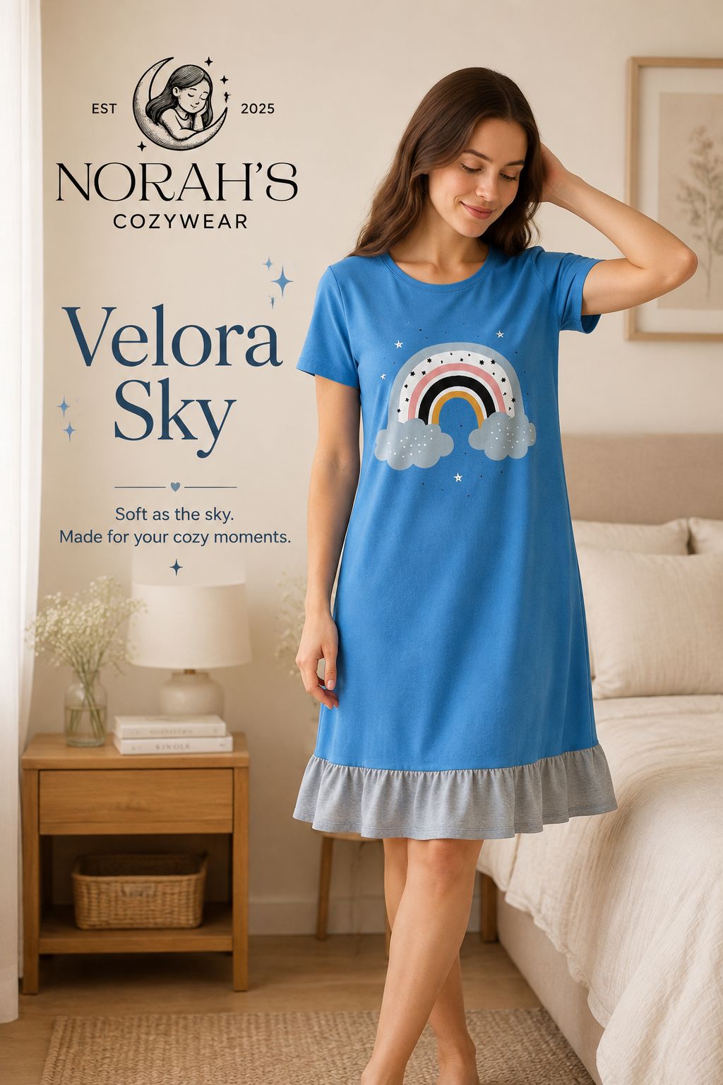 NORAH's Velora Sky blue nightdress with rainbow, clouds and stars print and grey ruffle hem